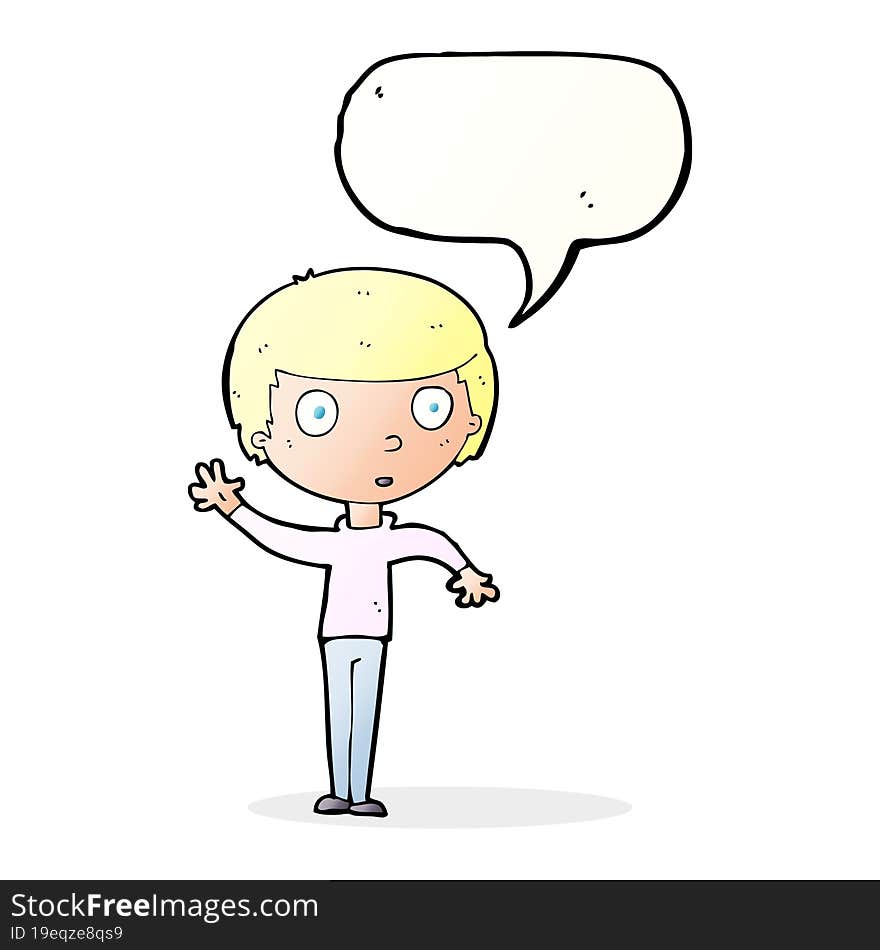 cartoon waving boy with speech bubble