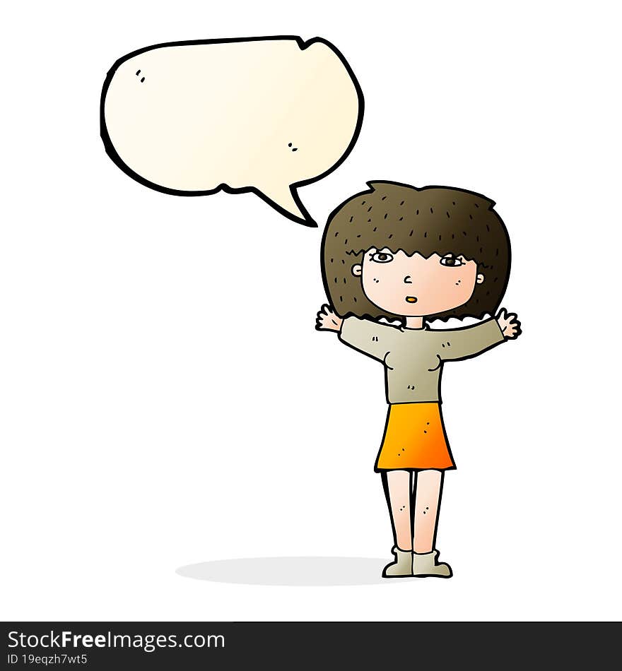 cartoon woman raising arms in air with speech bubble