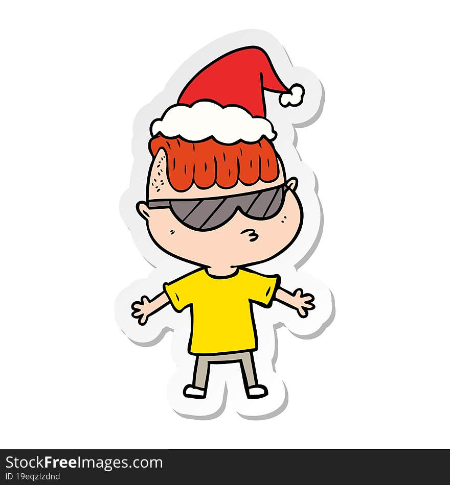 Sticker Cartoon Of A Boy Wearing Sunglasses Wearing Santa Hat