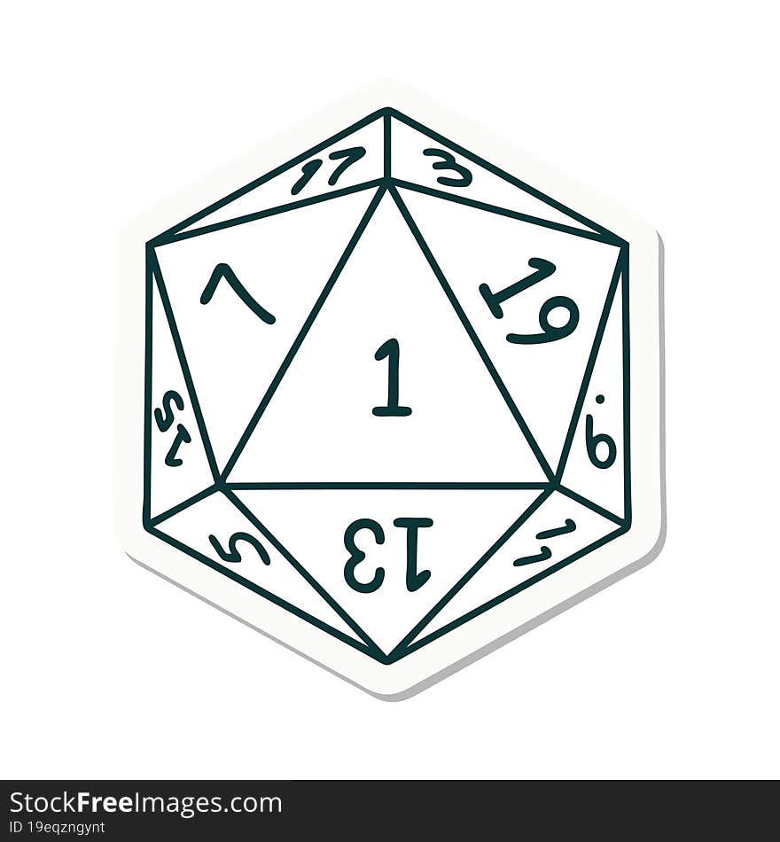 sticker of a natural 1 D20 dice roll. sticker of a natural 1 D20 dice roll