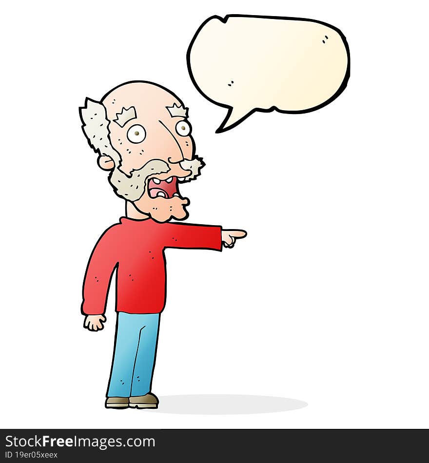 Cartoon Scared Old Man Pointing With Speech Bubble