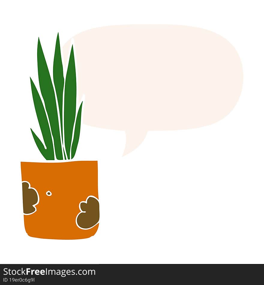 cartoon house plant and speech bubble in retro style