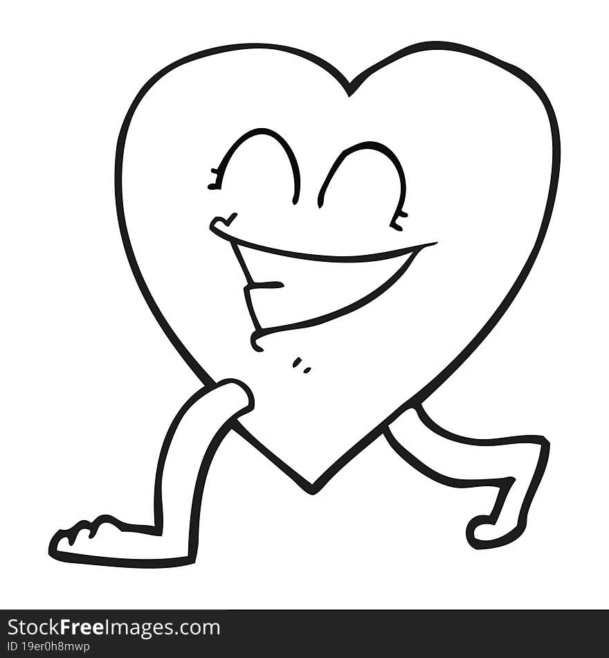 freehand drawn black and white cartoon walking heart