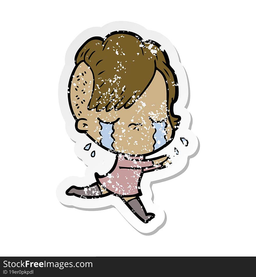 distressed sticker of a cartoon crying girl running away