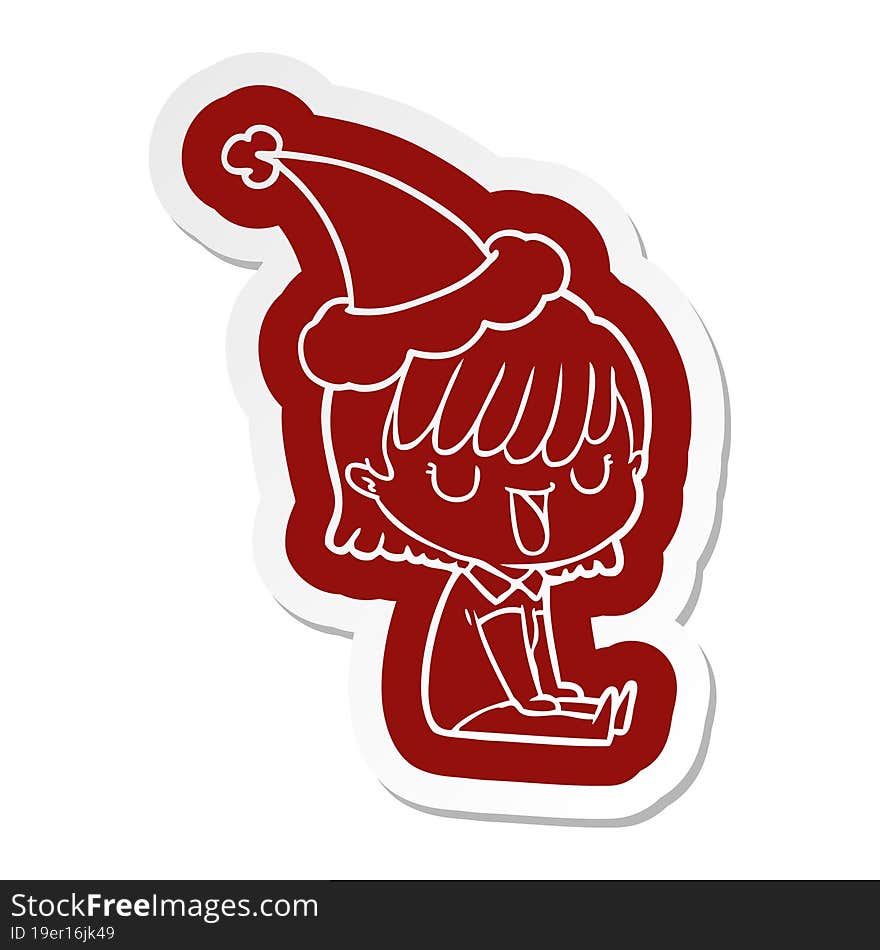 Cartoon  Sticker Of A Woman Wearing Santa Hat