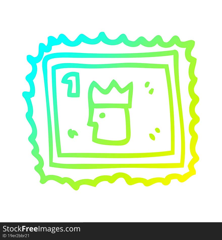 cold gradient line drawing of a cartoon stamp with royal face