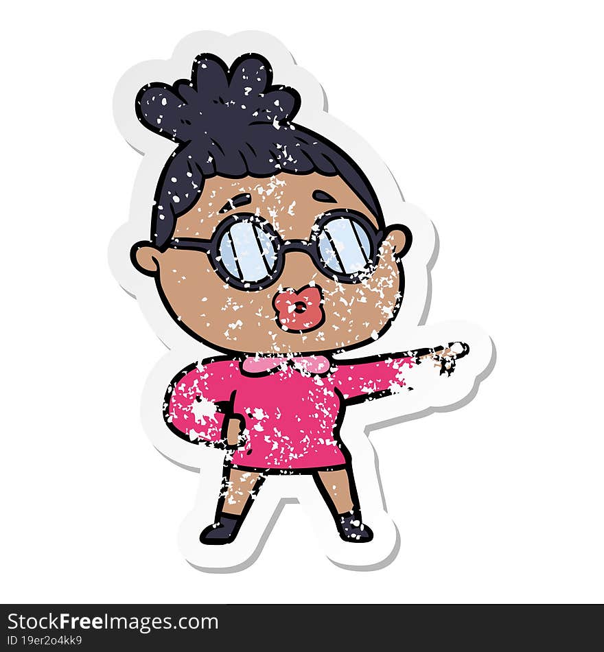 Distressed Sticker Of A Cartoon Pointing Woman Wearing Spectacles