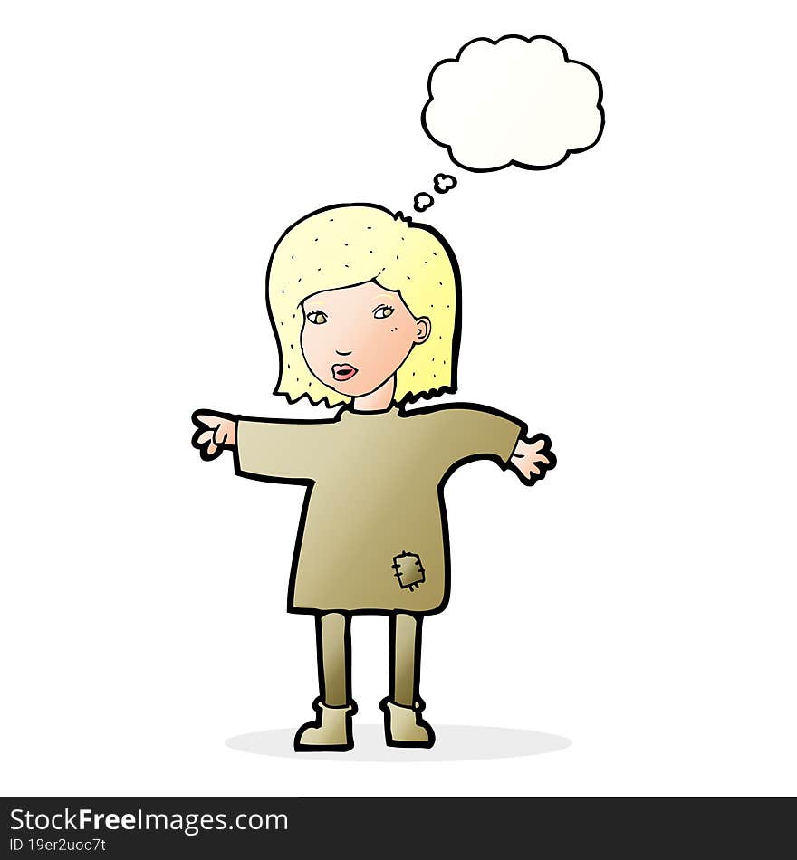 Cartoon Woman In Patched Clothing With Thought Bubble