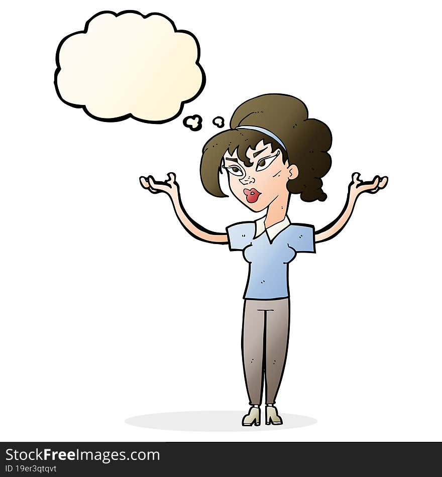 Cartoon Woman Raising Hands In Air With Thought Bubble