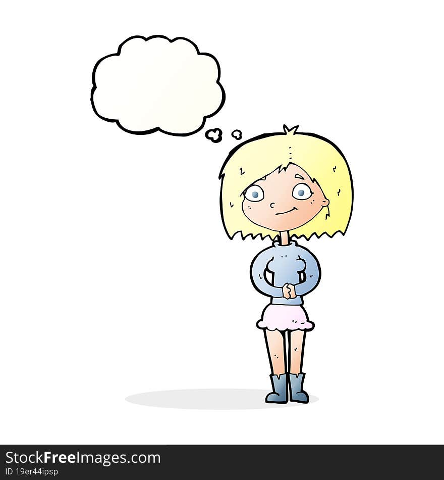 cartoon happy woman with thought bubble