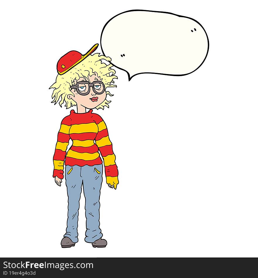 freehand drawn speech bubble cartoon geeky girl