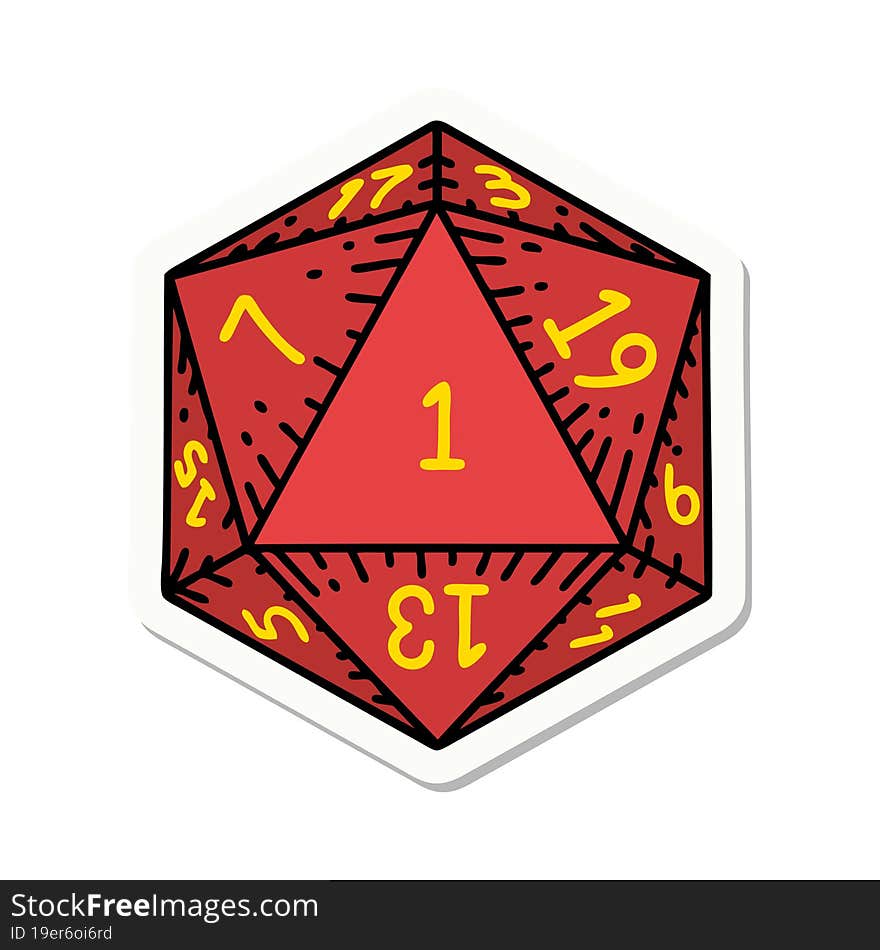 sticker of a natural 1 D20 dice roll. sticker of a natural 1 D20 dice roll