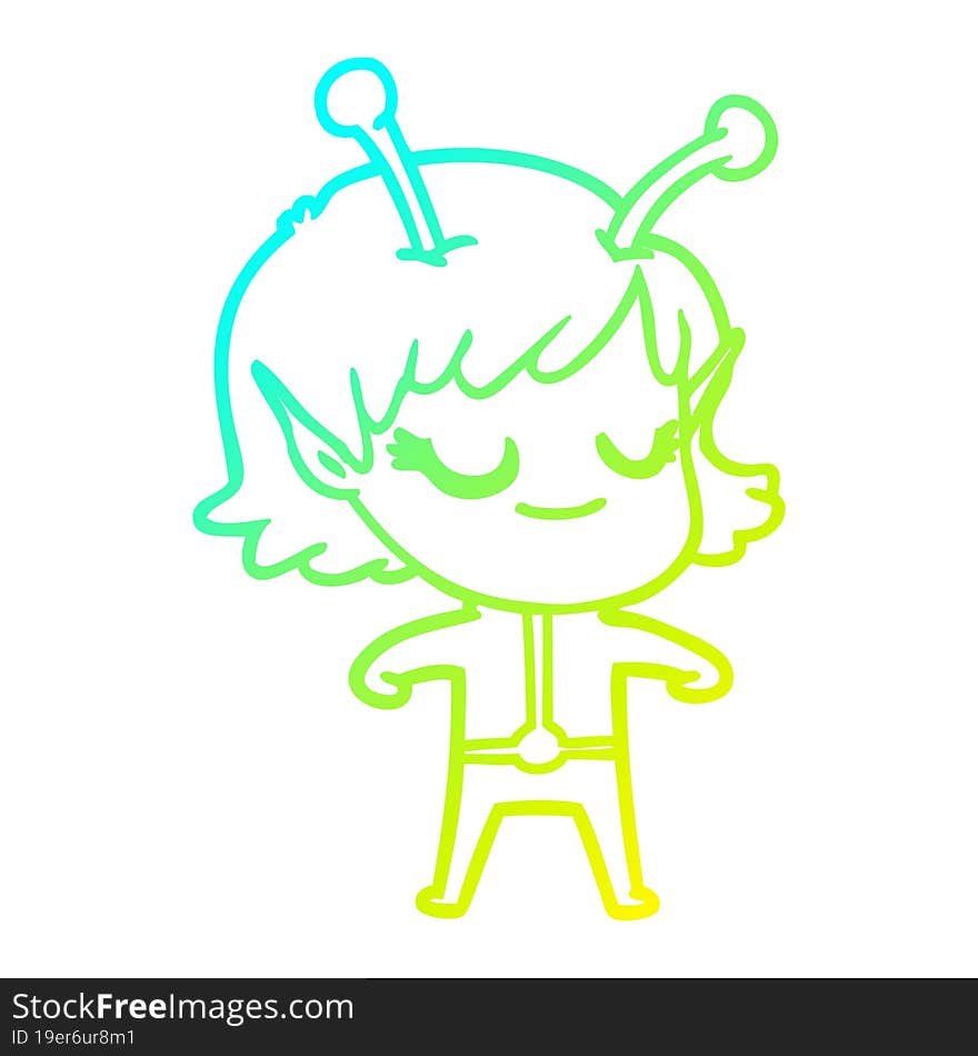 cold gradient line drawing smiling alien girl cartoon