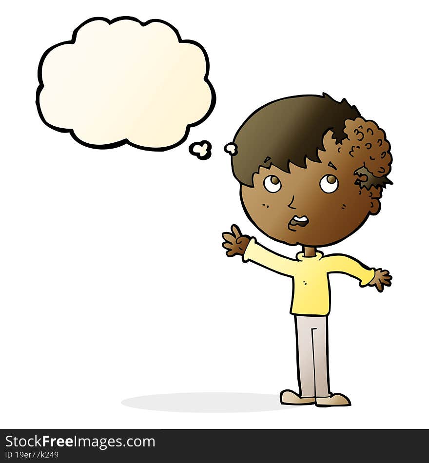 cartoon boy with growth on head with thought bubble