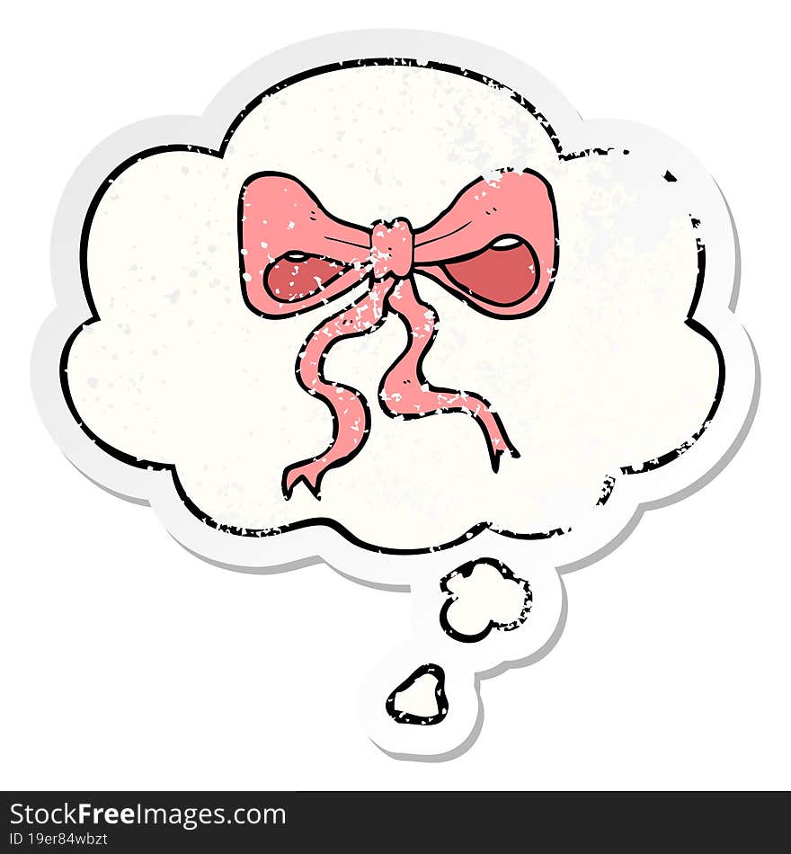 cartoon bow and thought bubble as a distressed worn sticker