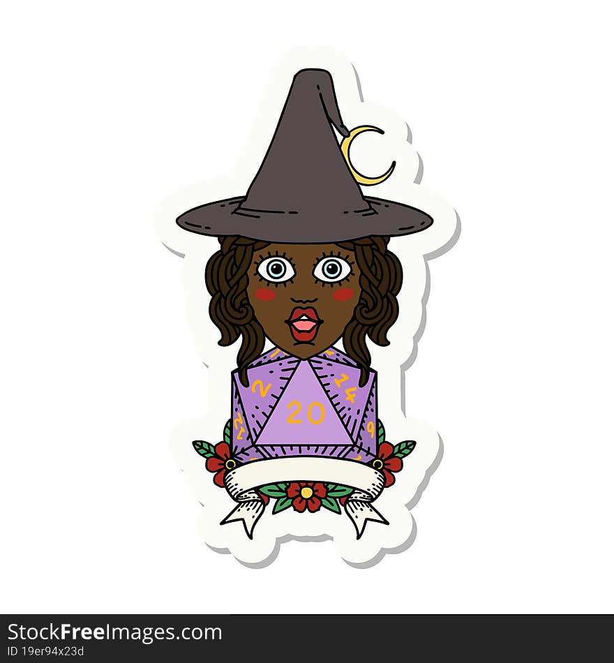 sticker of a human witch with natural twenty dice roll. sticker of a human witch with natural twenty dice roll