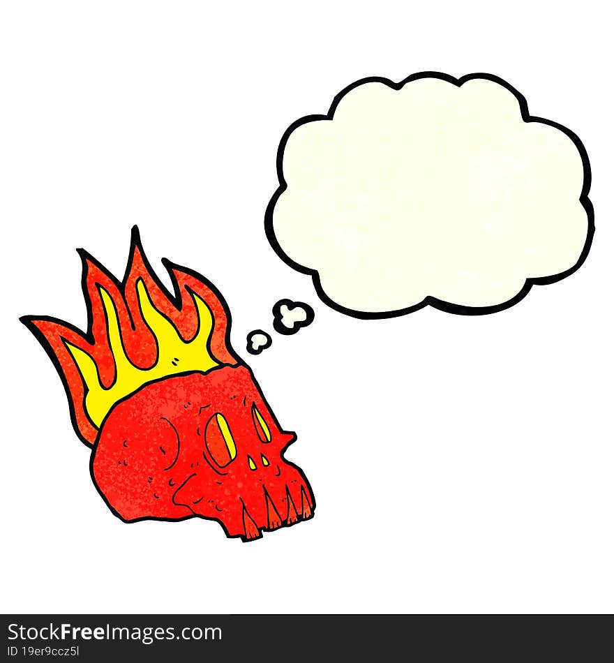 cartoon flaming skull with thought bubble