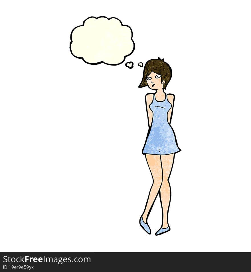 cartoon pretty woman in dress with thought bubble