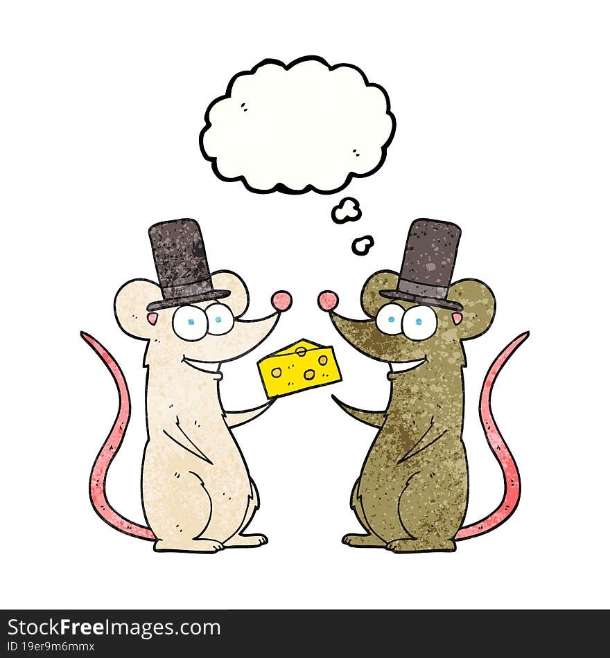 freehand drawn thought bubble textured cartoon mice with cheese