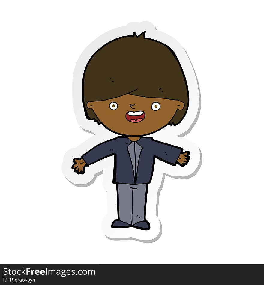 sticker of a cartoon happy boy with open arms