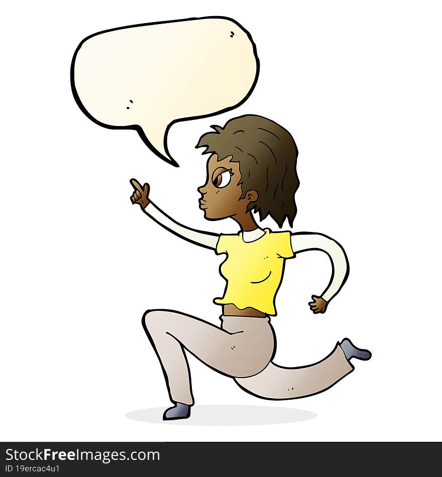 cartoon woman running and pointing with speech bubble