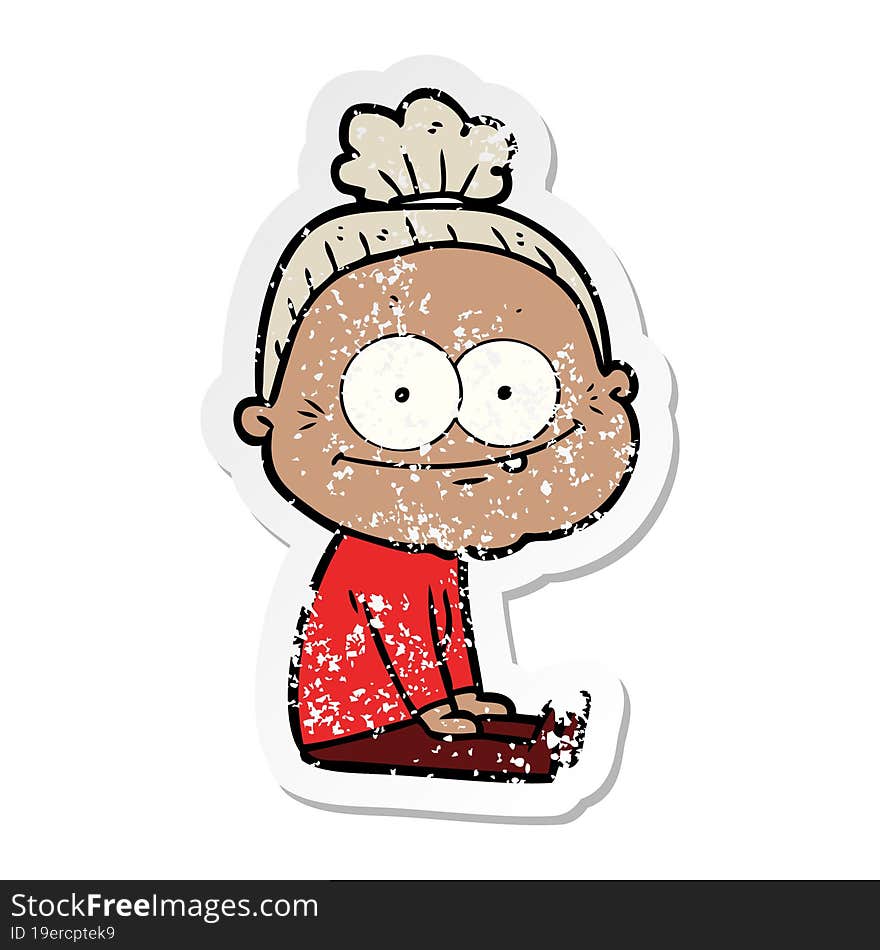 distressed sticker of a cartoon happy old woman