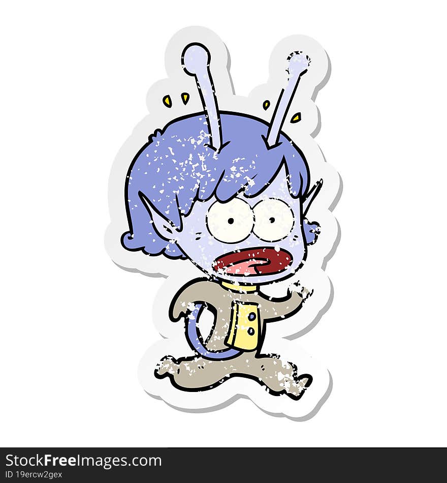 distressed sticker of a cartoon shocked alien girl