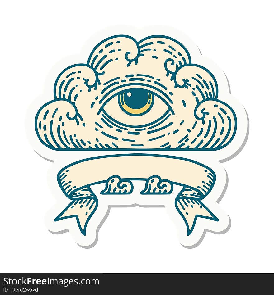 tattoo sticker with banner of an all seeing eye cloud