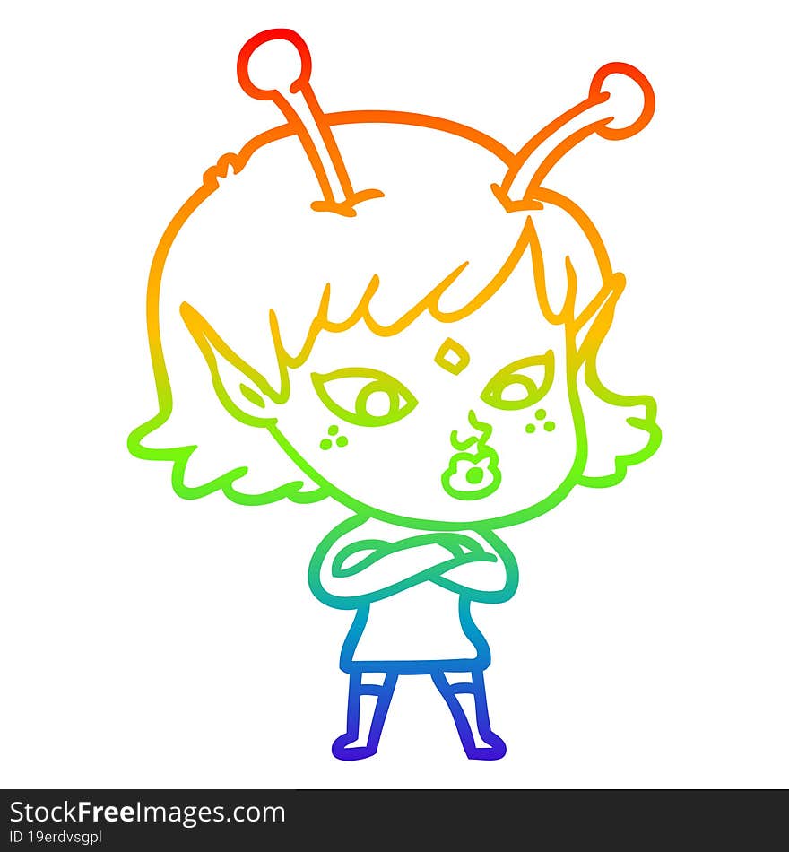 rainbow gradient line drawing pretty cartoon alien girl