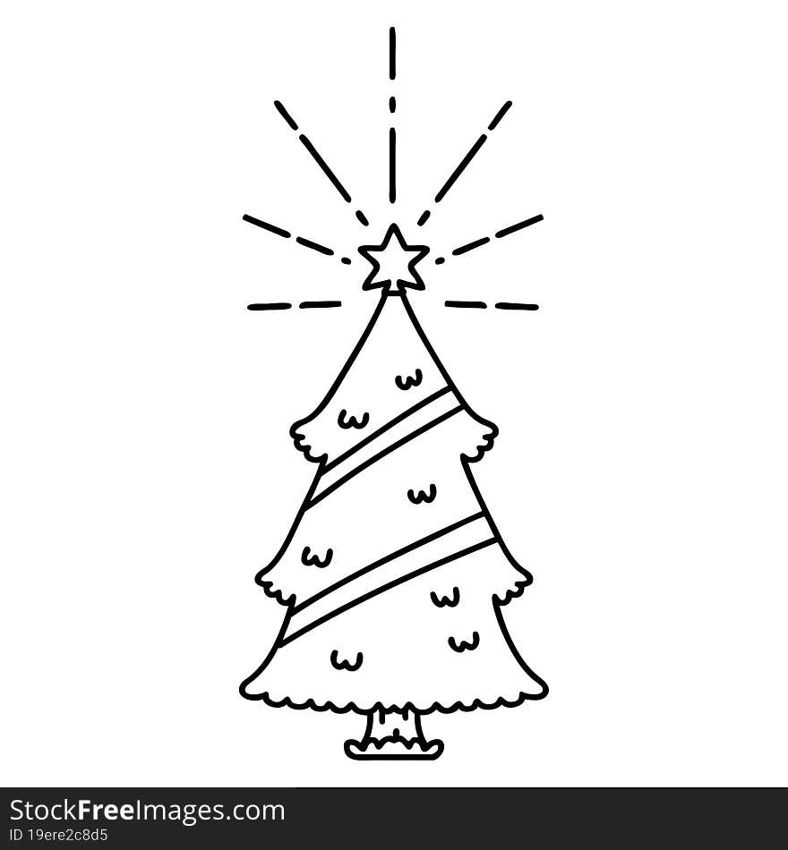 traditional black line work tattoo style christmas tree with star