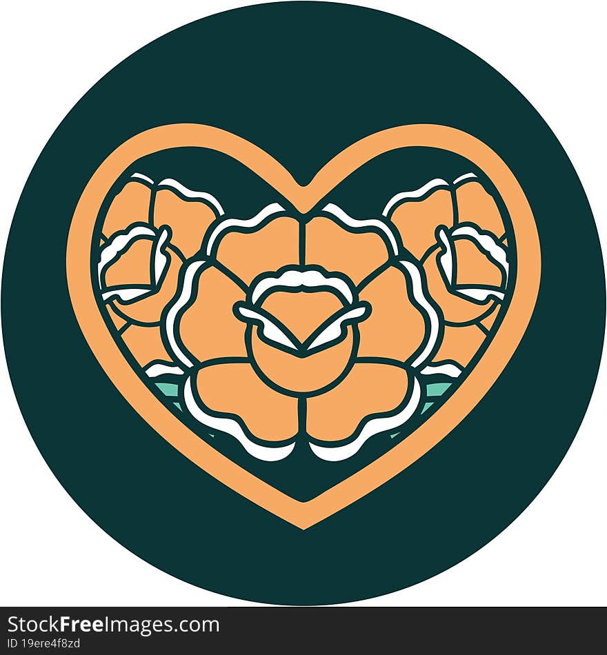 iconic tattoo style image of a heart and flowers. iconic tattoo style image of a heart and flowers