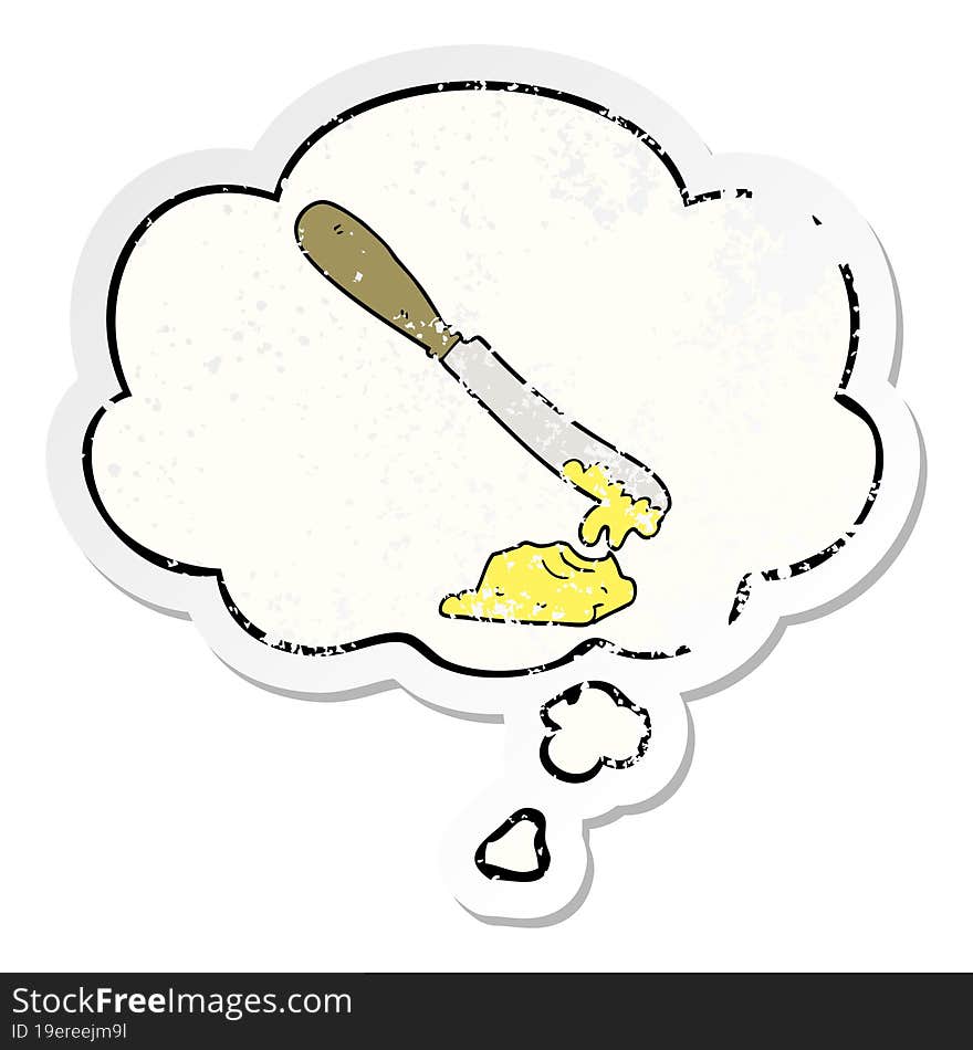 Cartoon Knife Spreading Butter And Thought Bubble As A Distressed Worn Sticker