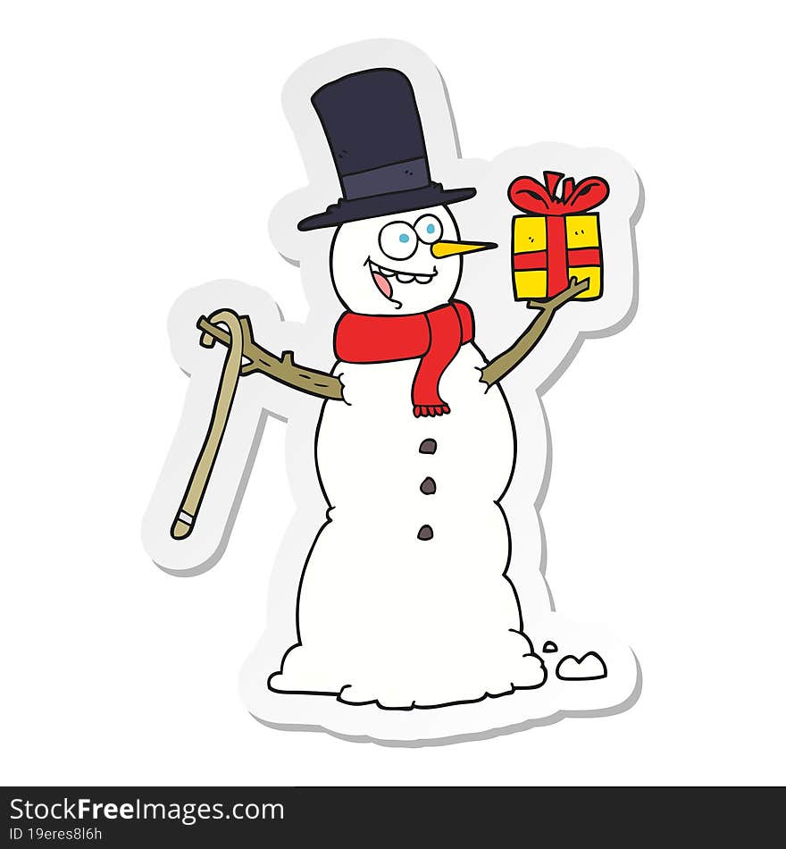 sticker of a cartoon snowman holding present