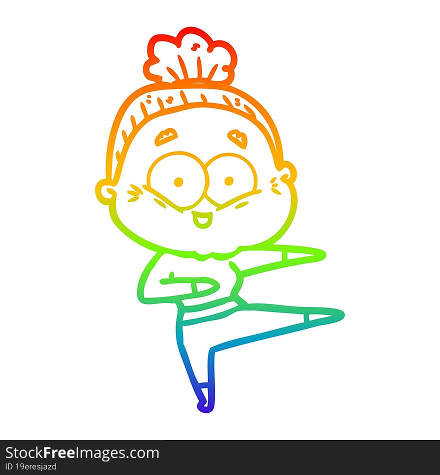 rainbow gradient line drawing of a cartoon happy old woman