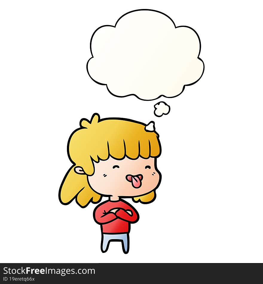 cartoon girl sticking out tongue with thought bubble in smooth gradient style