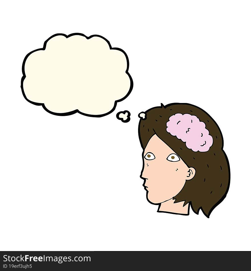 cartoon female head with brain symbol with thought bubble