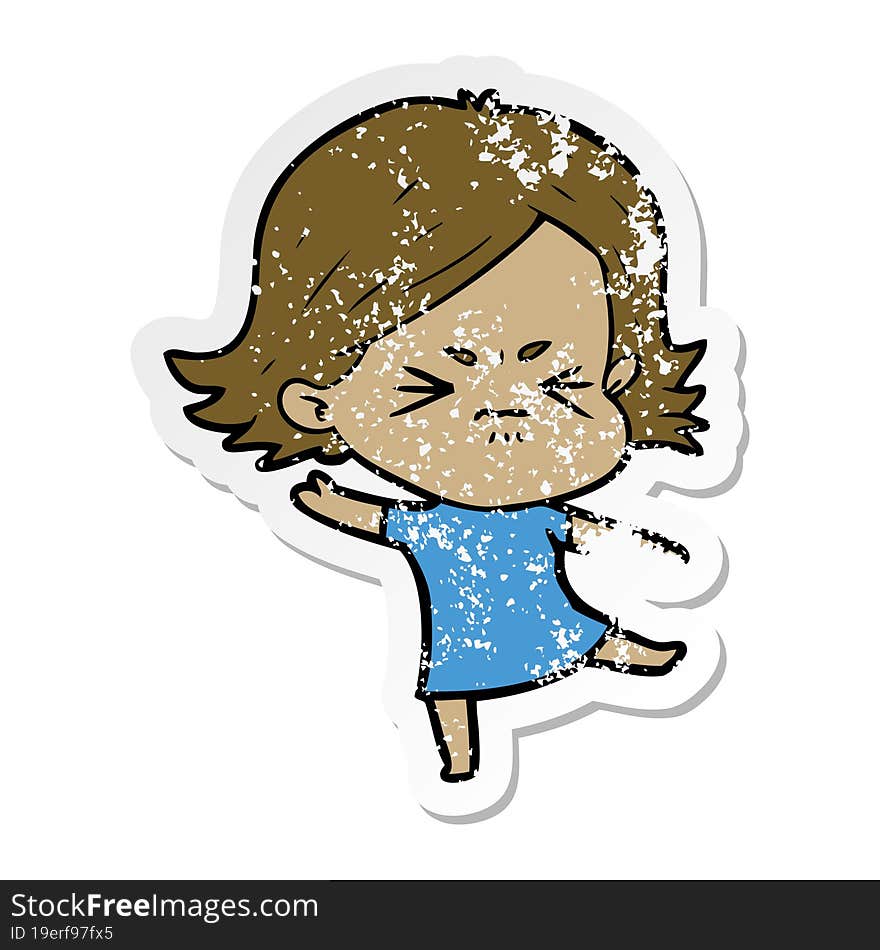 Distressed Sticker Of A Cartoon Angry Girl