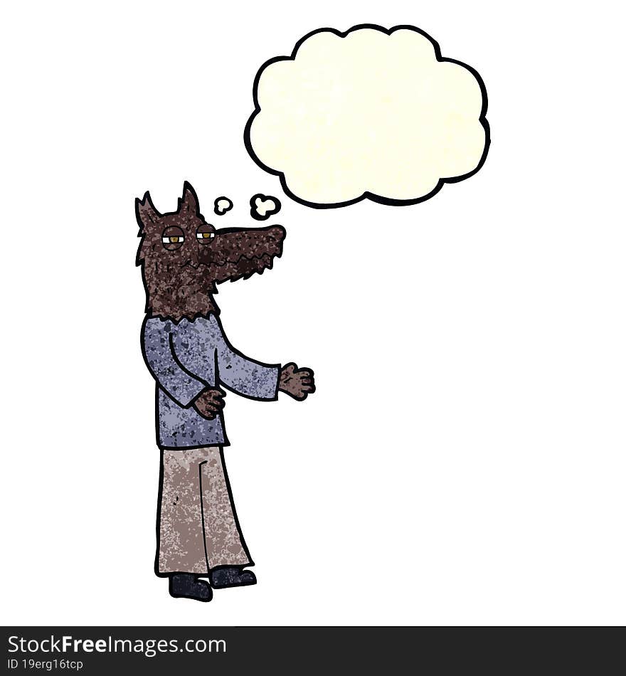 cartoon wolf man with thought bubble