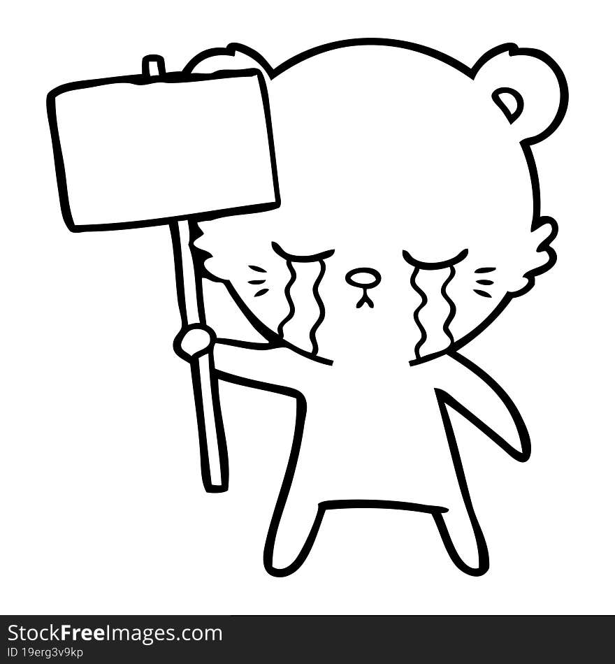 crying cartoon bear with sign post. crying cartoon bear with sign post