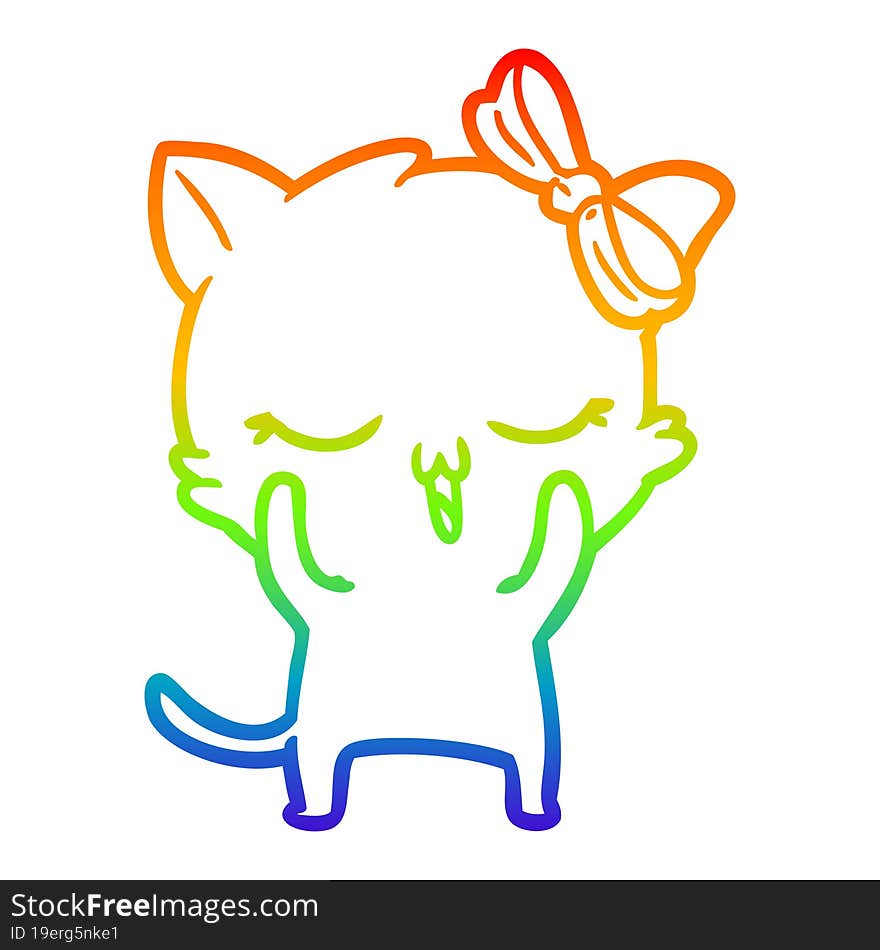 Rainbow Gradient Line Drawing Cartoon Cat With Bow On Head