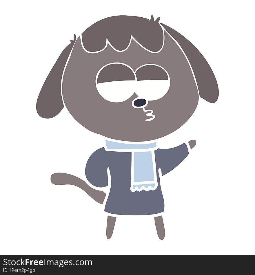 flat color style cartoon tired dog wearing winter clothes