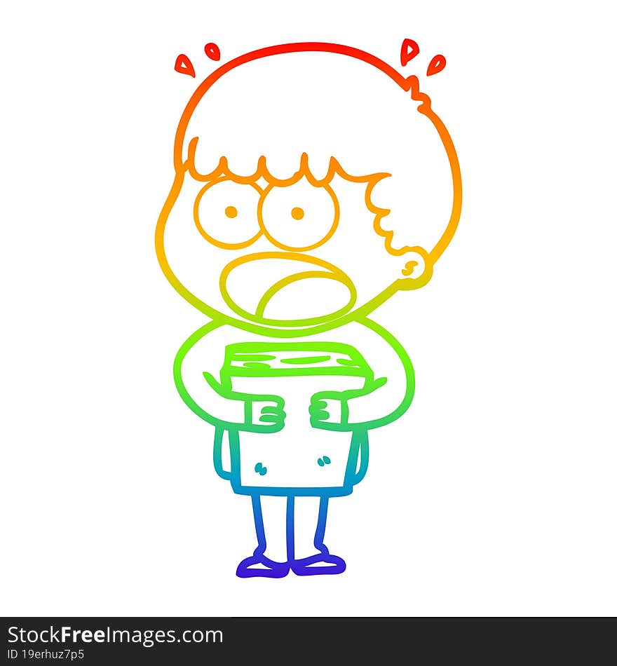 rainbow gradient line drawing cartoon shocked man with a book