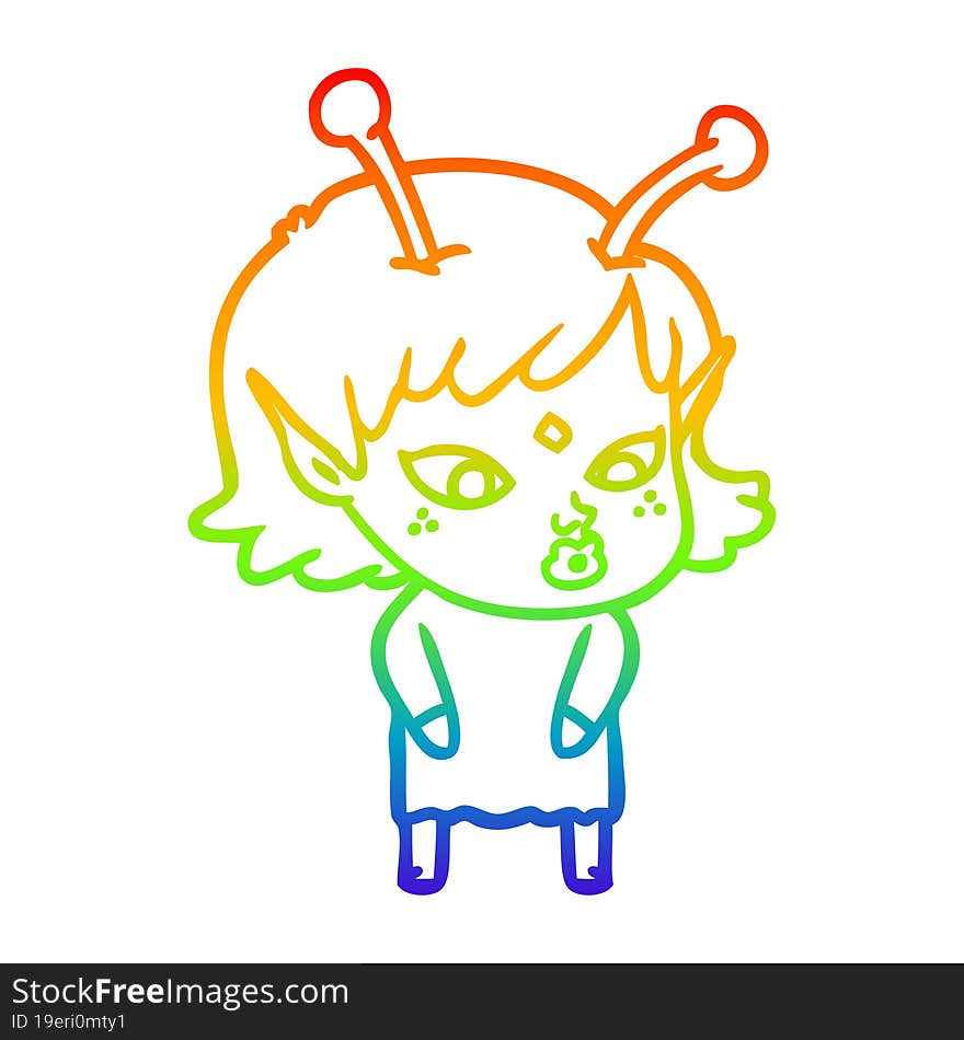 rainbow gradient line drawing pretty cartoon alien girl