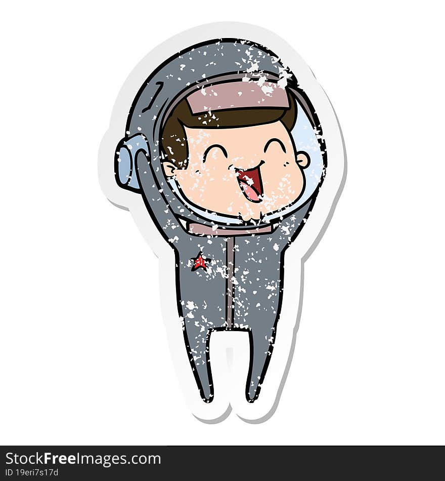 distressed sticker of a happy cartoon astronaut