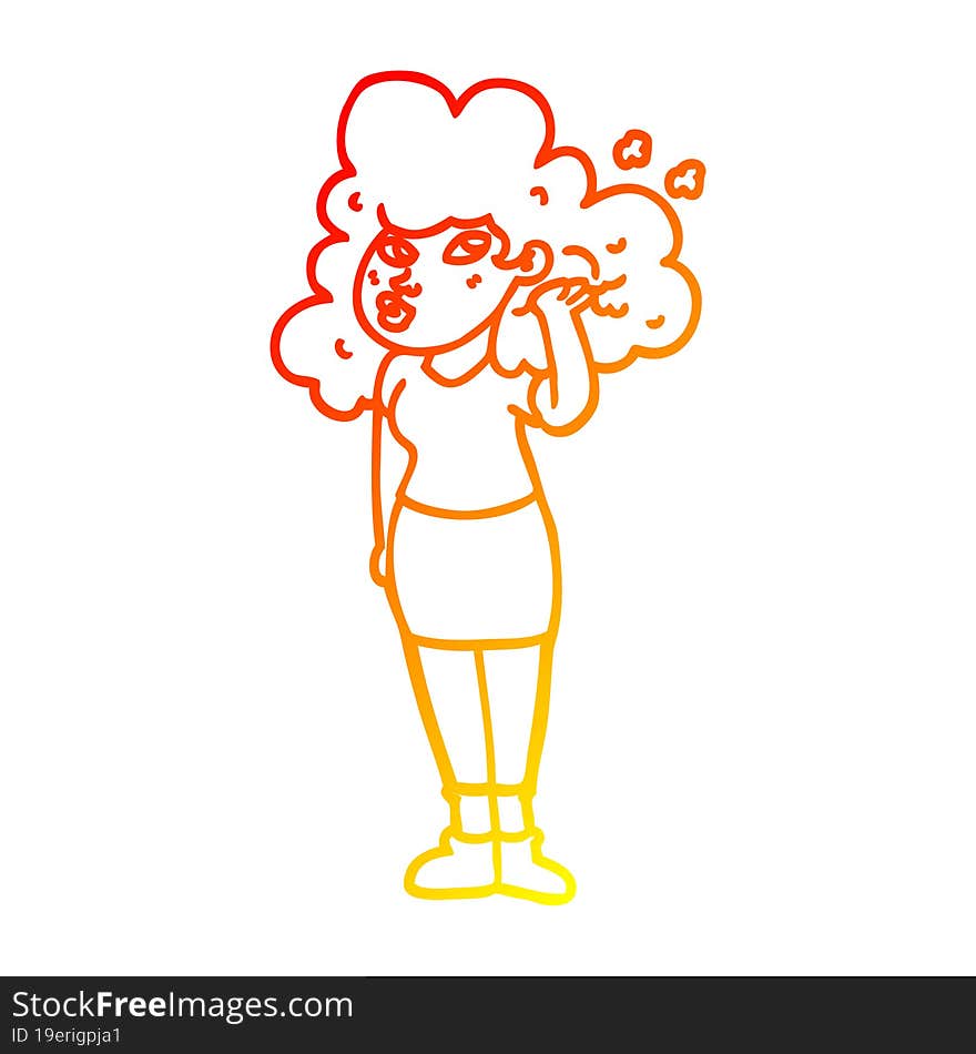 warm gradient line drawing cartoon girl playing with hair