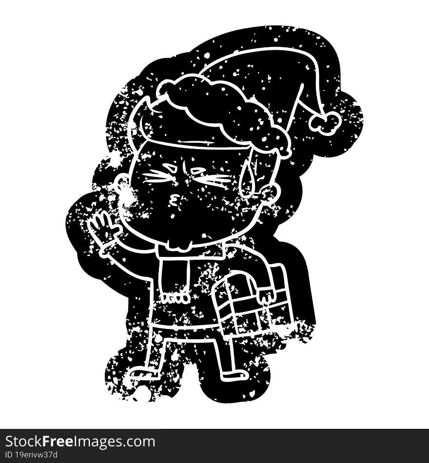 cartoon distressed icon of a man sweating wearing santa hat