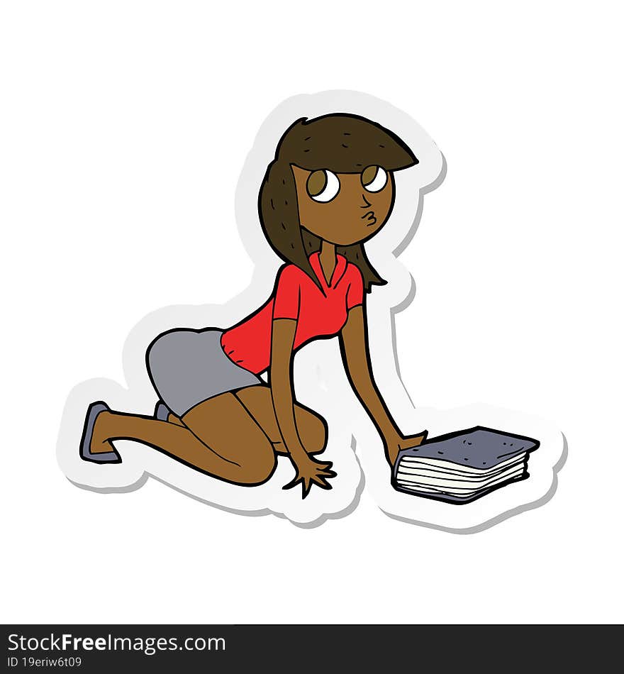 sticker of a cartoon girl picking up book