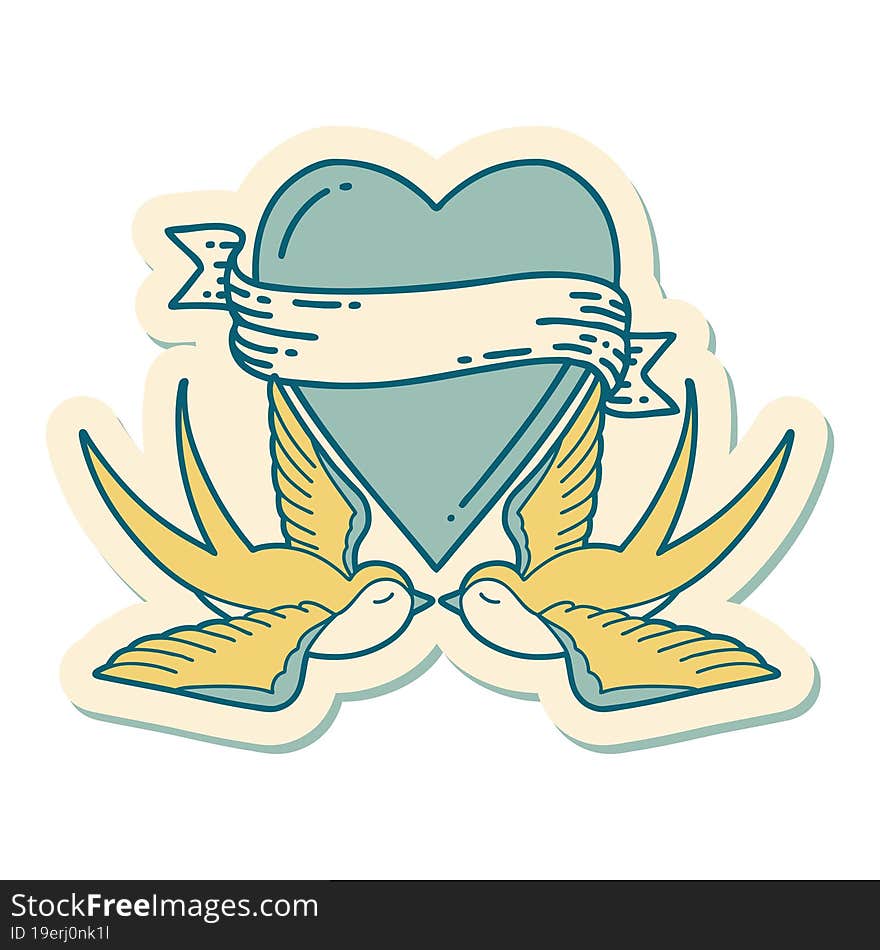 sticker of tattoo in traditional style of swallows and a heart with banner. sticker of tattoo in traditional style of swallows and a heart with banner