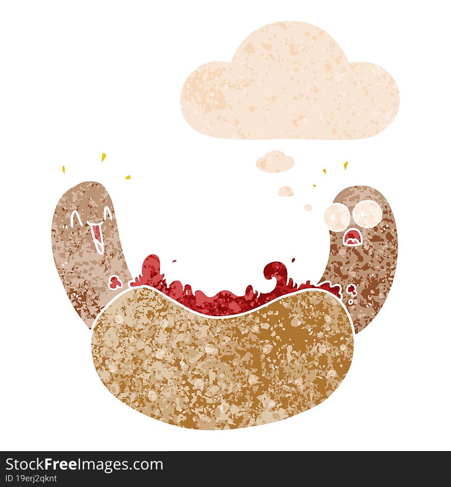 cartoon hotdog and thought bubble in retro textured style