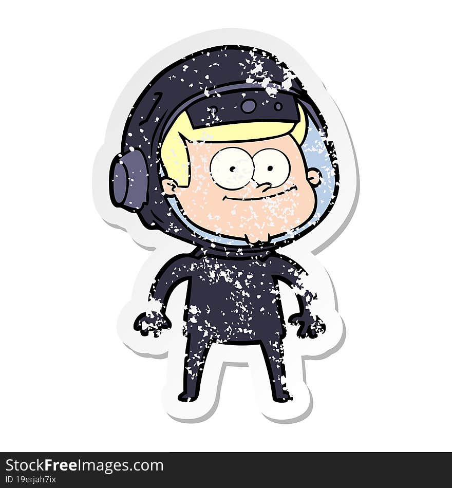 distressed sticker of a happy astronaut cartoon